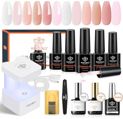 Modelones 8-in-one Nail Builder Gel Kit, 6 Colors Clear Pink Builder Gel with Mini Nail Lamp& Forms Set, for Nails Extension Strengthener Base