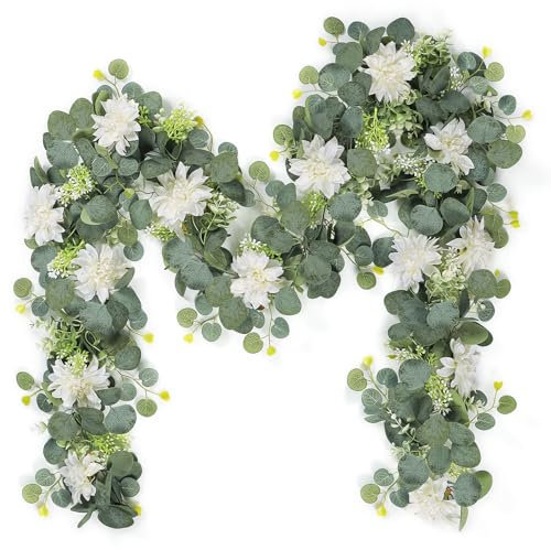LOMOHOO 2 Stück Blumengirlande Dahlien Girlande Künstliche Blumen Rustikale Blumenarrangements Kunstblumen Weiß Dahlien Hängende Girlande für Hochzeit Deko