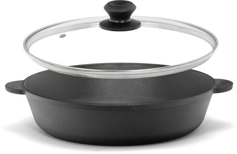 Sartén de hierro fundido de 26 cm de diámetro con tapa de cristal, sartén de hierro fundido, sartén para servir, cazuela, dos asas, sartén para todo tipo de cocinas, fogatas, hornos, parrilla de gas