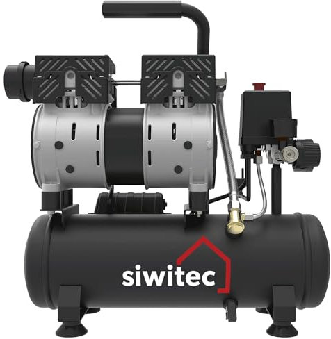 siwitec Flüsterkompressor SK-550 | 550 W | 6 L Kessel | max. Druck 8 bar | 56 dB | 106 l/min Ansaugleistung | ölfrei & wartungsarm | Druckluftkompressor | Kompressor mit Schnell-Anschluss-Kupplung