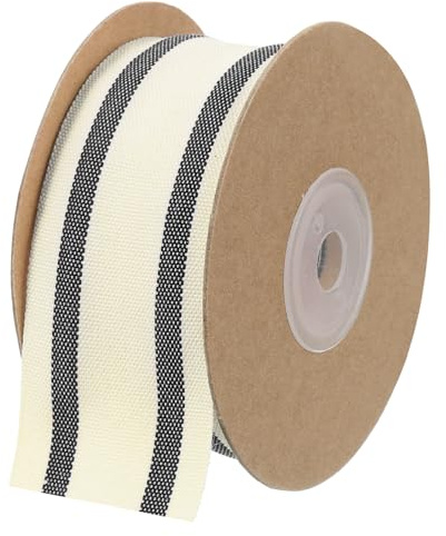 QUARKZMAN Naturlig bomull ränder band 3,8 cm x 9,1 m bomull tyg band naturlig rulle med svart grosgrain band för gåva gör-det-själv förpackning hantverk rosett skapa hem
