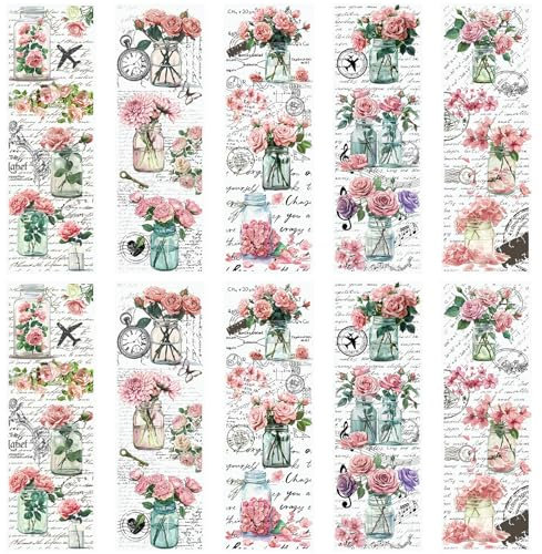 WANDIC Lot de 10 Feuilles d'autocollants de Transfert à frotter, Fleurs Roses pour Bricolage, Scrapbooking, Albums Photos, Meubles, 30 x 10 cm