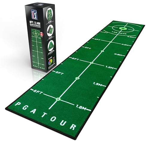 PGA Tour Tappetino da golf deluxe da 2,4 m per golf indoor, tappetino da golf con linee guida per l'allenamento, bersaglio con fori a grandezza naturale, area di puting da 1,8 m, verde, borsa per il