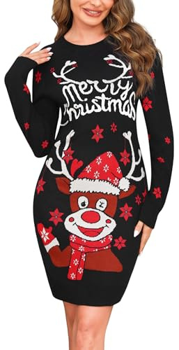 Wayleb Robe Pull de Noël Femme - Tricot Chaud d'hiver avec Motifs Renne et Flocons - Robe d'hiver Chic et Élégante à Manches Longues et Col Rond S-3XL