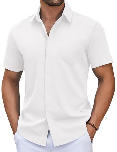 COOFANDY Camisa de Verano de Manga Corta para Hombre Ligera Informal con Botones Ocultos y Cuello Kent Blanc M