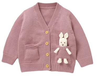 LAWKUL Baby Toddler Cardigan Warm Sweater Long Sleeve Knit Jacket Bunny Rabbit Pockets Coats Girl Clothes Pink 12-18 Months