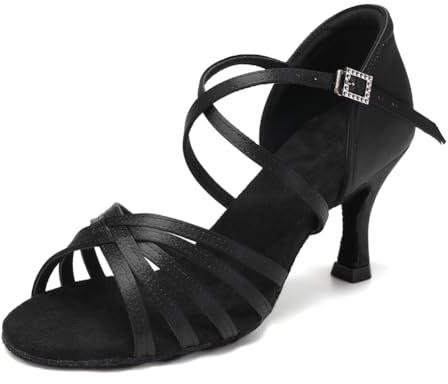HIPPOSEUS Zapatos de Baile Latino Mujer con Puntera Abierta de Salón Zapatos de Baile Negro para Bachata y Salsa Tacon 7 cm,EU 36.5