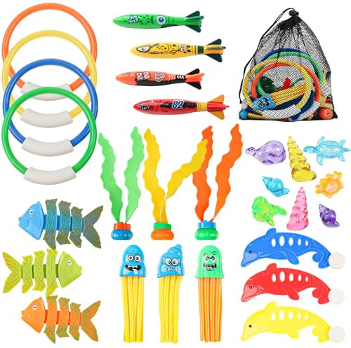 29P Tauchspielzeug Kinder Mitgebsel, Pool Tauchspielzeug Set, Quallen + Delphine + Kreise + Ozean Edelsteine + Fischgräten + Seetang + Fische Minen + Netzsäcke, für Outdoor Strände Poolparty Geschenk