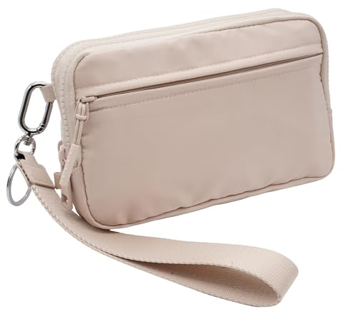 ycnice Wristlet Wallets Nylon Small Crossbody Bags for Women Quilted Wallet RFID Blocking Travel Cell Phone Bag Wristlet Purse with Strap 4 Zippers Beige