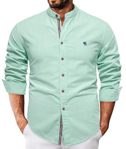 Camisa casual con botones para hombre, manga larga, ajuste sin meter, tela texturizada de mezclilla, características elásticas y sin arrugas, elegante camisa de vestir para el trabajo y el ocio, verde