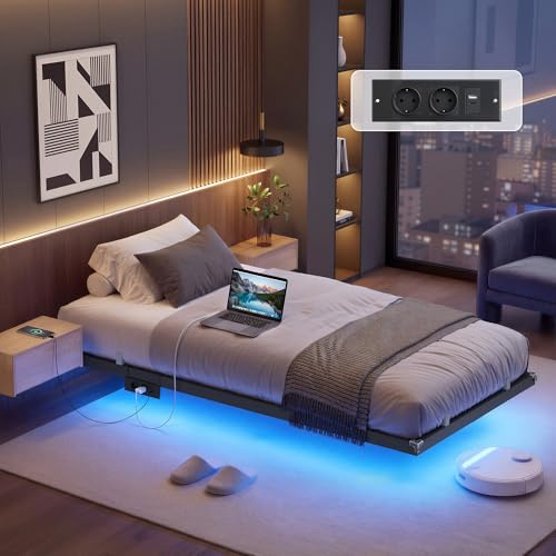 VASAGLE Svävande Sängram med LED-Belysning, Stålram, 90 x 200 cm | Sängram, App-Kontroll, Ljudlös, Matt Svart, CONNER Kollektion RMB172B101