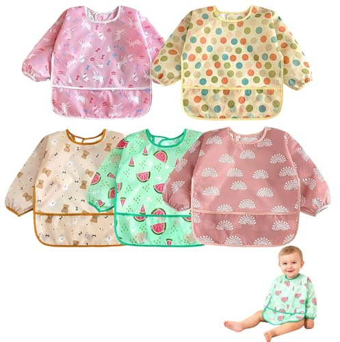 YIQILAIYA 5 piezas Babero con Mangas Impermeable, Baberos Bebe con Mangas, Lavable a Máquina e Impermeable, para Niños de 3 a 30 Meses