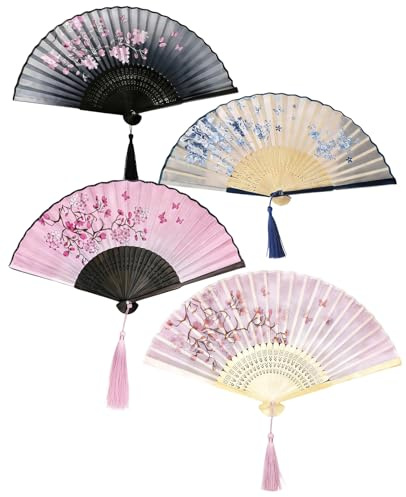 ALONK 4 Stück Fächer Set, Faltbare Handfächer aus Bambus mit Quaste für Geburttag Hochzeit Party Karneval Fotografie Wand Dekoration