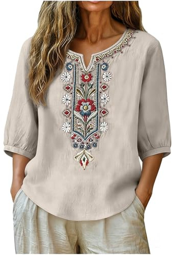 Générique Chemise Femme Coton Et Lin Chemisiers Et Blouses brodé Col en V Manches 3/4 Chic Et Élégante Chemisier Décontracté Couleur Unie T-Shirts D'Été Respirant Grande Taille Blouse