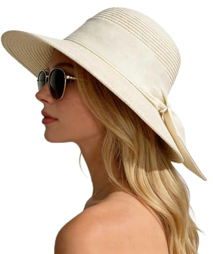 Seven-Flower Sun Hats for Women, Straw Hat Women Wide Brim UPF 50+ Packable Sun Hat, Floppy Bowknot Summer Hats for Women Beach Vacation Travel with Chin Strap (Beige+Beige Ribbon)