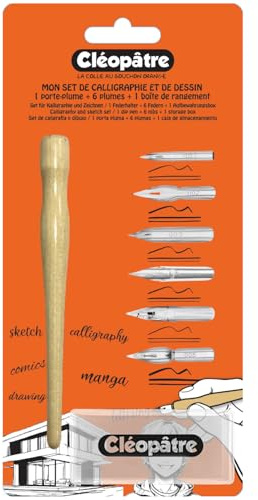 CLEOPATRE – 1 Porte-Plume avec 6 Plumes pour Calligraphie et Dessin et leur boîte de rangement – Application à l’Encre pour Manga, Illustrations, Comics, Lettering, Écriture – Acier Inoxydable