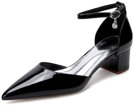 Generico Scarpe Sposa Donna Verniciate Punta Affusolata Cinturino alla Caviglia Tacco Largo 4,5 cm Décolleté Eleganti per Matrimonio E Cerimonia,Nero,37 EU