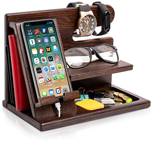 Teslyar Gifts for Men Wood Phone Docking Station Key Holder Wallet Stand Desk Organizer Fathers gifts Xmas gift Anniversary Dad Birthday Present for Men Gifts for Dad Men's Nightstand