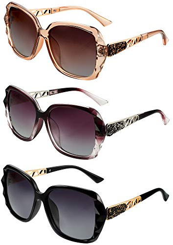 Frienda 3 Pieces Women Oversized Sunglasses Shiny Composite Frame Sunglasses Vintage Rhinestone Glasses(Champagne Purple Black)