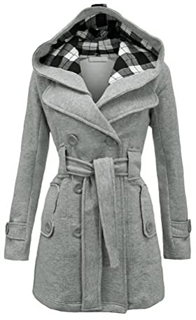 Onsoyours Femmes Manteaux à Capuche Bouton Blouson Veste Jacket Manches Longues Chaud Épais Hoodie Hoody Outwear Automne Hiver avec Ceinture Gris XXL