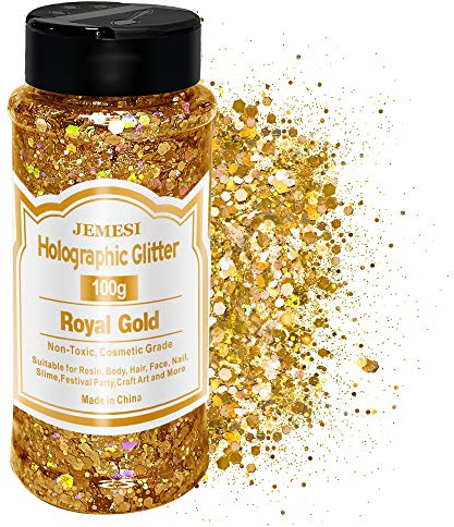 lHolographique Grosses Paillettes, 100g Or royal Sequins Glitter, Paillettes pour Visage, Corps, Cheveux, Résine Epoxy, Paillette Visage