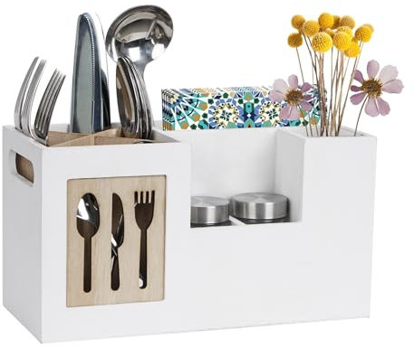 JUJOYBD Besteckhalter Holz, Besteckständer Tisch für Besteck Saucen und Servietten, Besteckkasten 8 Fächer für Küche Party Gastronomie, Weiß