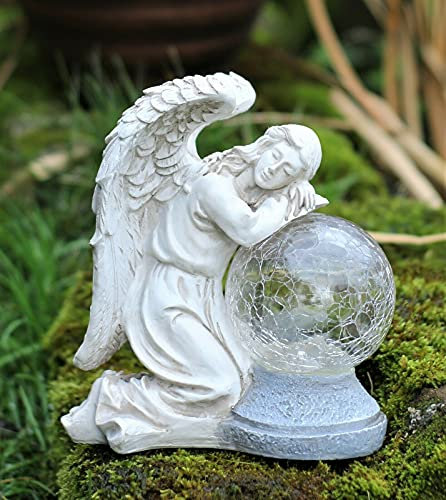 HH Home Hut Solar Powered Fairy Garden Resin Ornament Angel Cherub with LED Light, Hand Painted Figurine Statue Ball for Pond Porch Patio Yard Porch Decorations - 19cm Tall