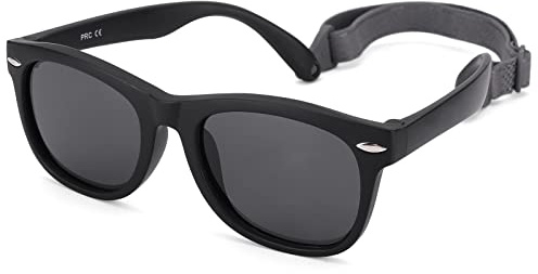 NULOOQ Polarized Baby Sunglasses with Strap - Unbreakable Flexible Infant Sunglasses for Toddlers Age 0-24 Months (Matte Black Frame/Gray Lens)