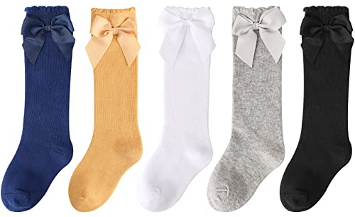 DRESHOW Knähöga Strumpor För Barnflickor Småbarn Klädsockor Baby Bow Stocking Bomullsstrumpor för Spädbarn