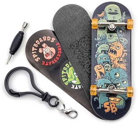 SPITBOARDS 32 x 96 mm - Planche à doigts complète en bois assemblée - 5 couches - Trucks argentés avec bushings et écrous - Roues à roulement CNC orange transparent - Grip en mousse laser - Superbes