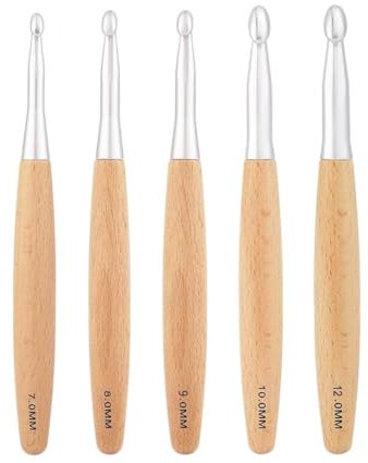 Haptufer Big Crochet Hooks Set with Beech Wood Handle, Crochet Hooks for Chunky Yarn, Size 7mm 8mm 9mm 10mm 12mm