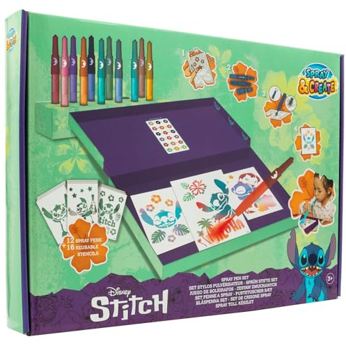 Disney - Lilo & Stitch - Sprutpennset i bordsbox - måleringspennor för barn - målarsats med färgpennor och mallar (ST23368)