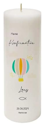 MilaBoo® personalisierte Konfirmationskerze I 25 x 8 cm Premium Kerze beidseitig bedruckt in Farbe I Made In Germany (Heißluftballon)