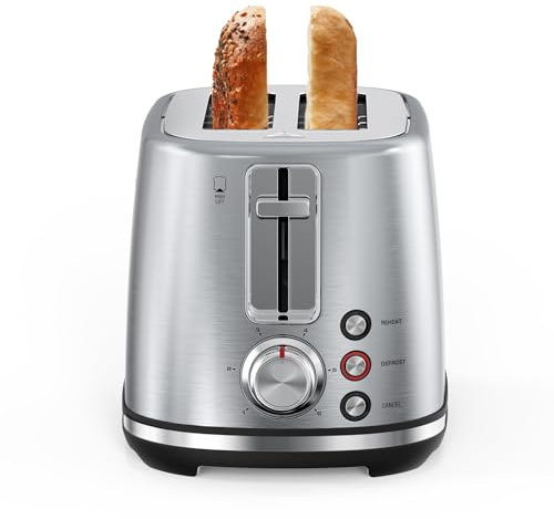 LONGDEEM 2 Slice Toaster 1.5 Extra Wide Slot Stainless Steel with High Lift Lever, 6-Shade Settings & Reheat/Defrost/Cancel Function, Removal Crumb Tray, Under Base Cord Storage, Silver