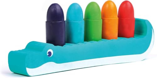 Ludi - Crayons pour Le Bain - pour Dessiner sur Les Parois - Effaçables, Solides, Résistants À L’Eau - Dès 10 Mois - Dextérité, Motricité Fine, Imagination - 5 Crayons Et Support Crocodile en Mousse