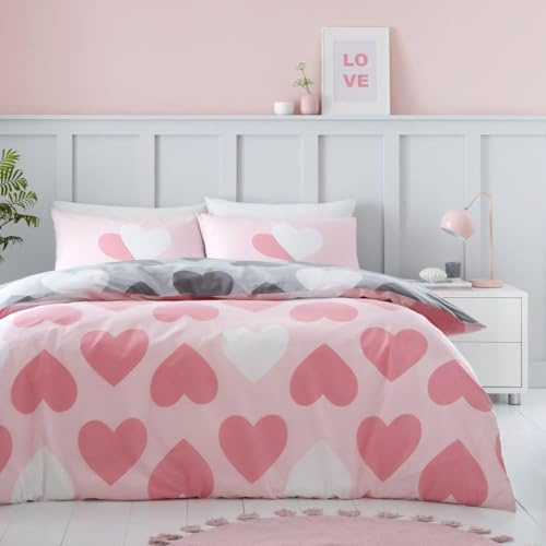GC GAVENO CAVAILIA Juego de Funda de edredón Individual (150 x 200 cm), Ropa de Cama Reversible y Ropa de Cama de polialgodón, Funda de edredón de Corazones, Color Rosa y carbón