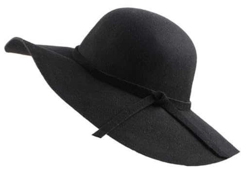 Michear Women's Fedora Hats Wide Brim Wave Style Sun Hat Floppy Foldable Felt Bowler with Lovely Ribbon (UK, Alpha, M, Black)