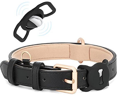 WHIPPY AirTag Hundehalsband Leder Verstellbares AirTag Halsband Leder mit Gepolstert und Metall Schnalle Klassisches Weiches Air Tag Hundehalsband für Welpe Kleine Mittel Große Hunde Schwarzes,S