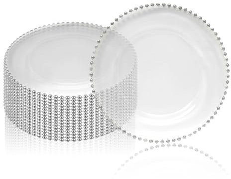 Trimming Shop 13-inch Clear Charger Plates with Silver Beaded Rim – Elegant Acrylic Plates for Wedding, Parties, and Table Decoration, Affordable Decorative Charger for Home & Event, Pack of 12