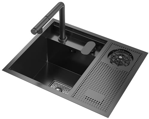 Spülbecken Schwarz Matt,55x45cm Unsichtbares küchenspüle einbauspüle waschbecken küche spülbecken edelstahl waschbecken bad Mit ausziehbarem Hebehahn und Becherwaschfunktion.