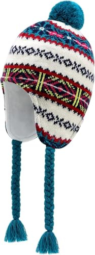 JANGANNSA Vinter Peruvian hatt öronlappar fleece fodrad pompon stickad mössa för 6–10T baby flickor, Blått mönster, 6-10 år