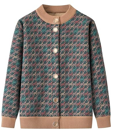 LIUYUYOUGO Womens Winter Cardigans Fleece Lined Middle-Aged and Elderly Knitted Cardigan Sweaters Fashion Checked Sweater Coat Old Lady Thick Warm Sherpa Fuzzy Knit Jacket Green XL