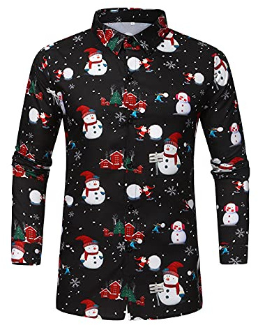 Camisas Hombres Manga Larga, Camisa Navidad Hombre, Ropa Negro de Vestir Invierno Navideño, Copos de Nieve, Top Camisa Slim Fit, Disfraz con Botones y Solapa, Muñeco de Nieve, Papá Noel