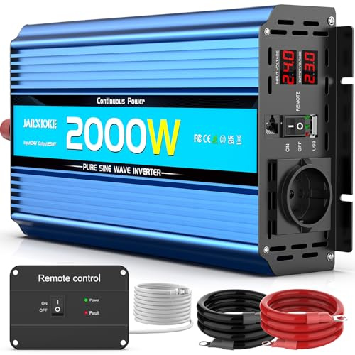2 000 W växelriktare 24 V till 230 V ren sinus spänningsomvandlare, strömomvandlare,Omvandlare med fjärrkontroll, AC-uttag, USB-portar och skärm LED för husbil