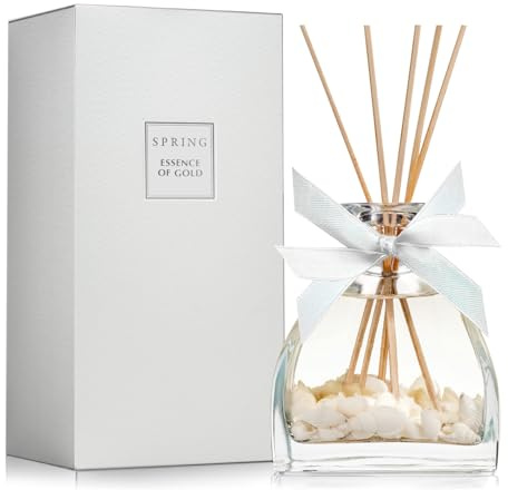 SPRING Reed Diffuser with Sea Shells 280ml with 5 Reed Sticks - French-Made Perfume Diffuser, Home Fragrance with Elegant Tropical Themed Glass Bottle - Luxury Gift, Long-Lasting Essence of Gold Scent