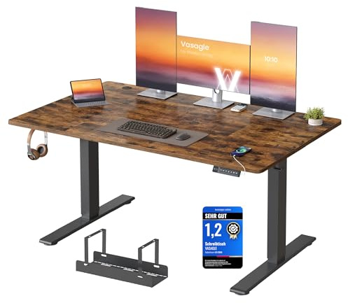 VASAGLE Bureau Électrique Réglable en Hauteur, 140 x 80 cm, avec Port USB-C, Support pour Multiprise, Rappel de Sédentarité, Fonction Mémoire 3 Hauteurs, Télétravail, Marron Rustique LSD144KD02