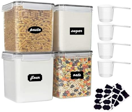 GUZHAIREN Set of 4 2.5L Flour Storage Containers, Plastic Airtight Food Storage Containers with Lids, Large Clip-Lock Kitchen Storage Containers for Cereal, Rice, Pasta, Sugar, BPA-Free Pantry Storage