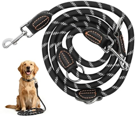 Hundkoppel justerbart, väderbeständigt och slitstarkt, bogserkoppel med 2 karbinhakar, 1,3 x 200 cm, 1,3 x 300 cm, dubbla koppel av robust nylon, för stora och medelstora hundar (3 m)