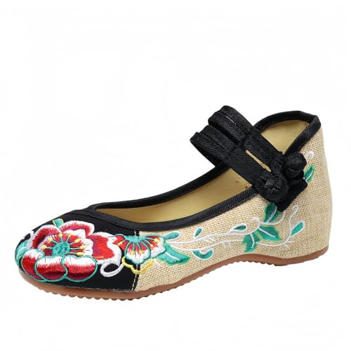 Donna Cinese Ricamate Scarpe a Cuneo Floreale Tradizionale Asiatico Mary Jane Brida Balletto Yoga Scarpe su Tela con Gomma Suola botone Rana