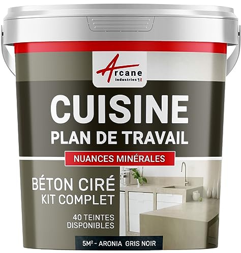 Béton ciré cuisine, plan de travail, crédence, évier, sol et mur, revêtement mural décoratif, kit complet - 5 m² (en 2 couches) Aronia Gris Noir - ARCANE INDUSTRIES
